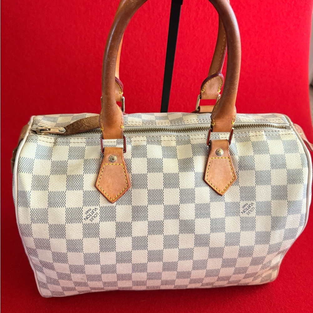 Louis Vuitton Damier Azur Checkered Satchel with Brown Leather Trim